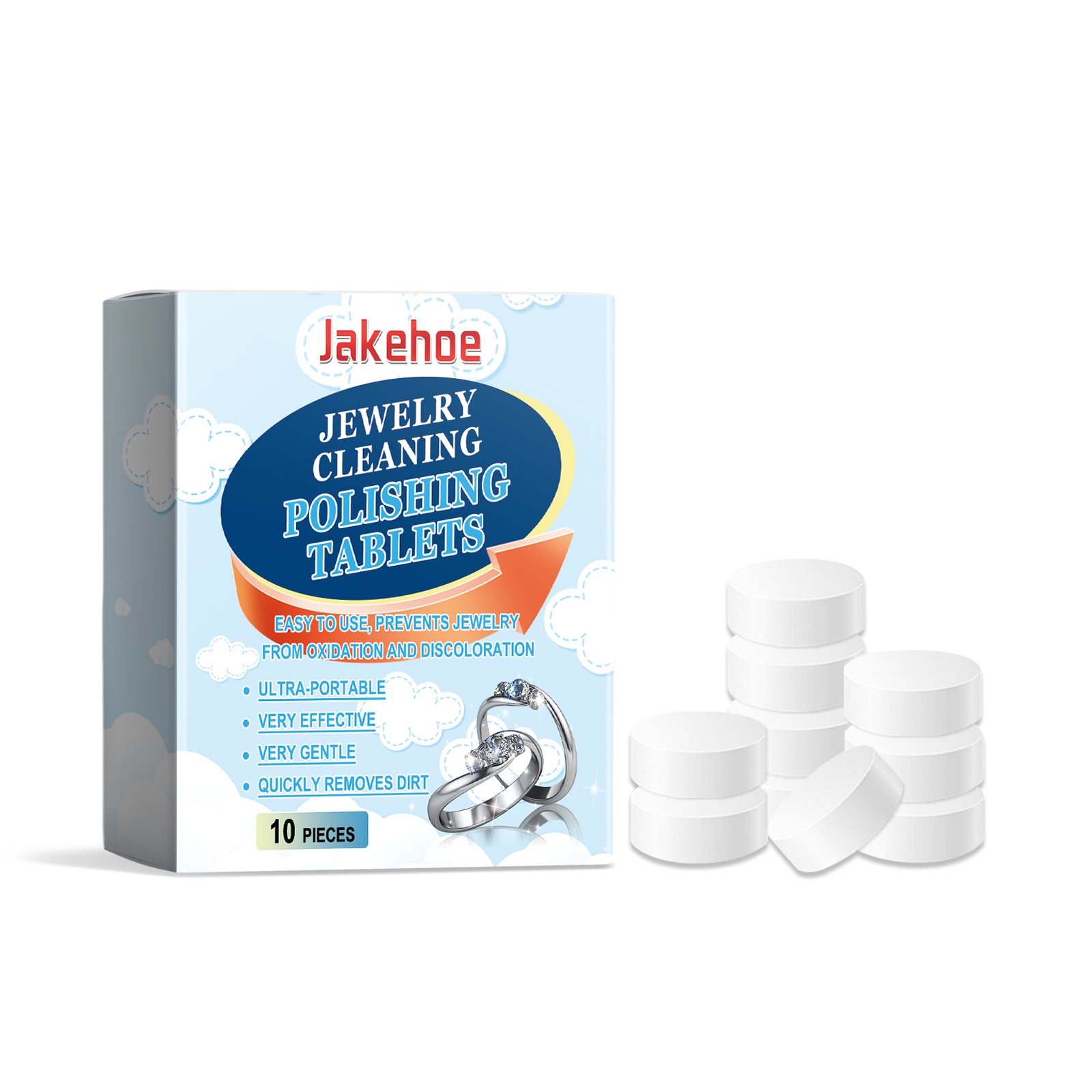 Eprolo jewelry cleaning effervescent tablet for decontamination and care, shown with jewelry ring and bracelet in a cleaning setup.