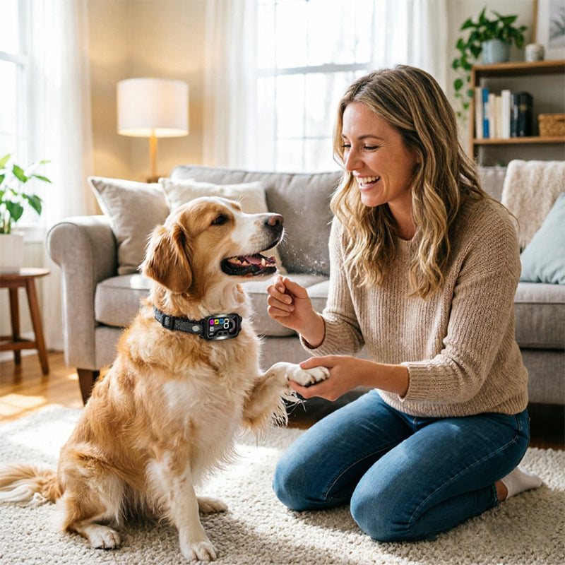 eprolo smart dog bark control collar with color screen, waterproof design, multiple stop modes, and adjustable sensitivity levels