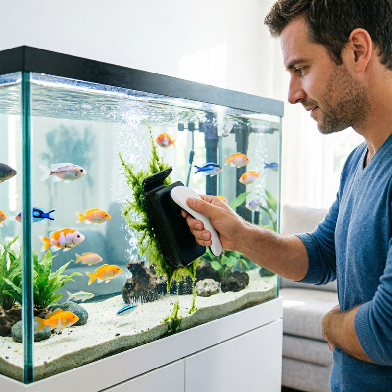eprolo magnetic aquarium cleaner with floating algae scraper brush and non-slip handle in a fish tank for algae removal.