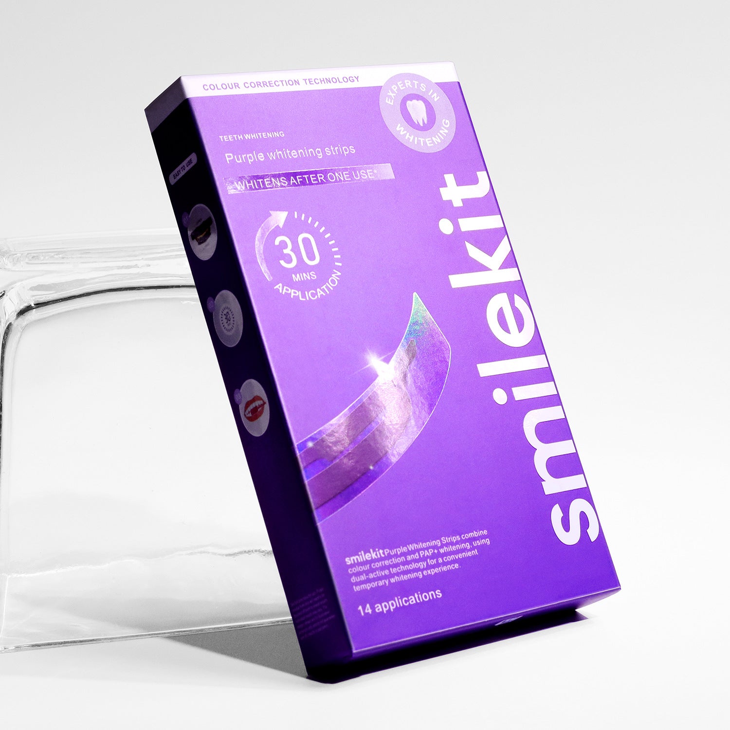 eprolo V34 purple teeth whitening strips in small purple box, showing the whitening strips and packaging.