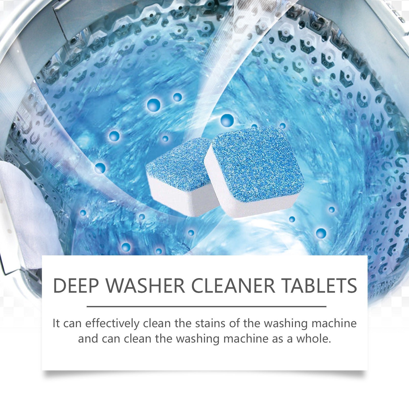 Eprolo washing machine cleaning effervescent sheet dissolving inside a washing machine, removes dirt and odors from the cylinder.