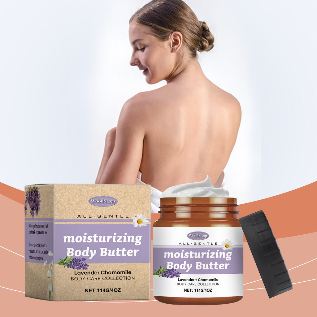 Eprolo WoodSleep lavender and chamomile body butter jar with a white lid and lavender flowers around it for deep skin hydration.