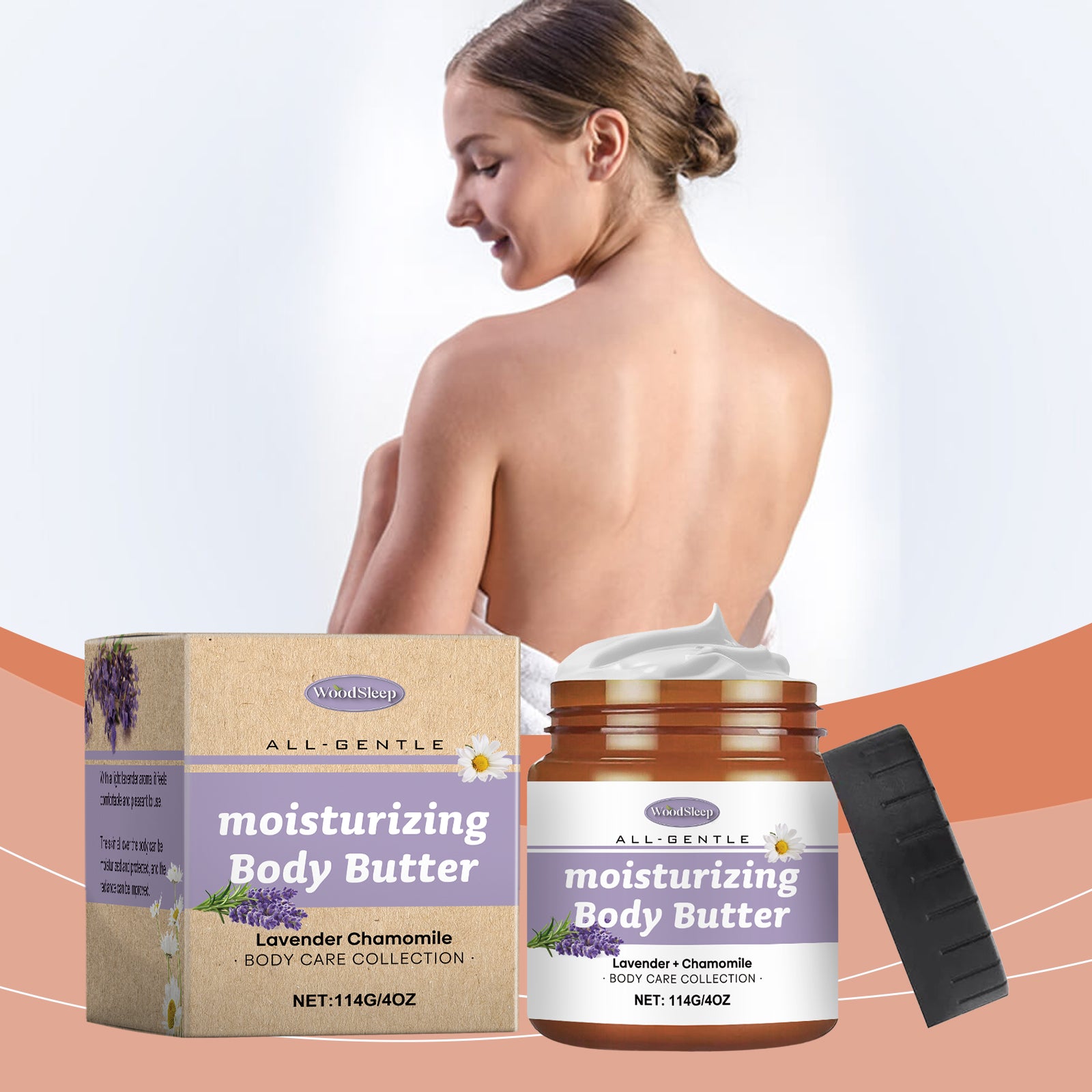 Eprolo WoodSleep lavender and chamomile body butter jar with a white lid and lavender flowers around it for deep skin hydration.