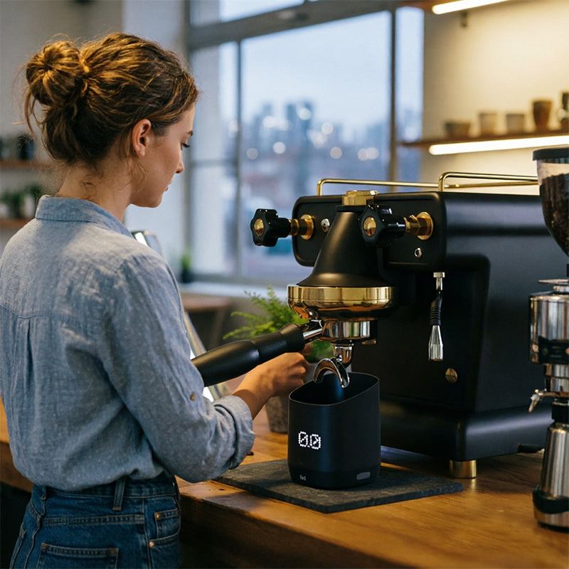 Eprolo lightweight digital coffee dosing cup with rechargeable LED display, used for precise espresso weighing.