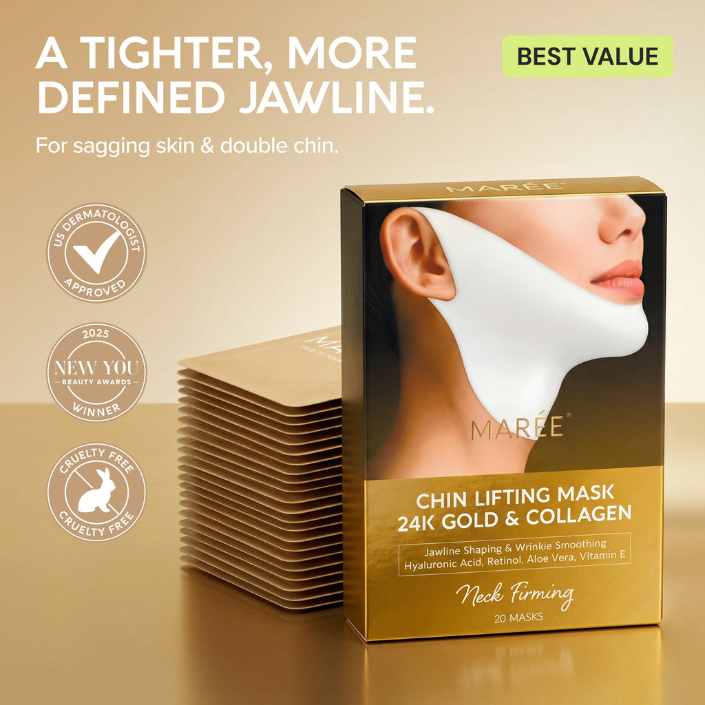 Set of 20 Maree 24K Gold V-Line Lifting Masks, thin gold facial masks for V-line contouring and skin lifting.