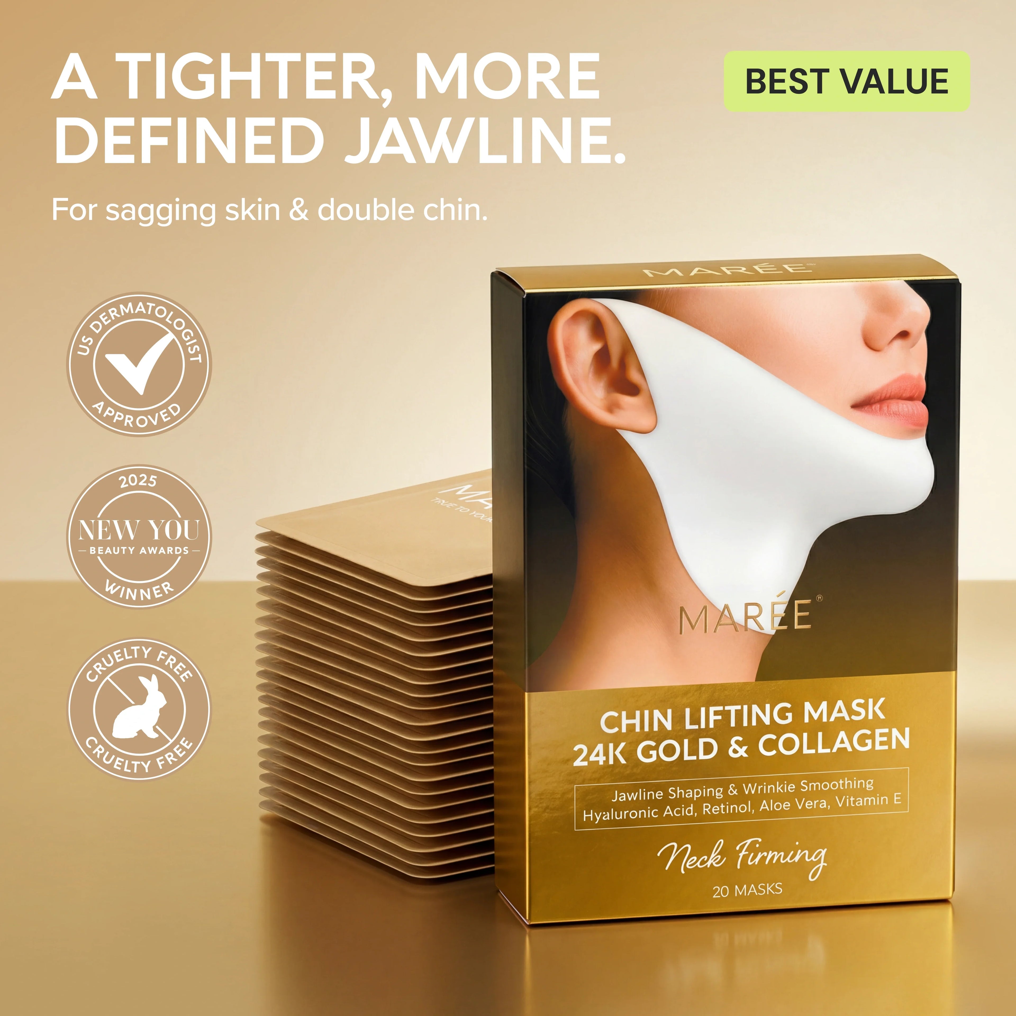 Set of 20 Maree 24K Gold V-Line Lifting Masks, thin gold facial masks for V-line contouring and skin lifting.