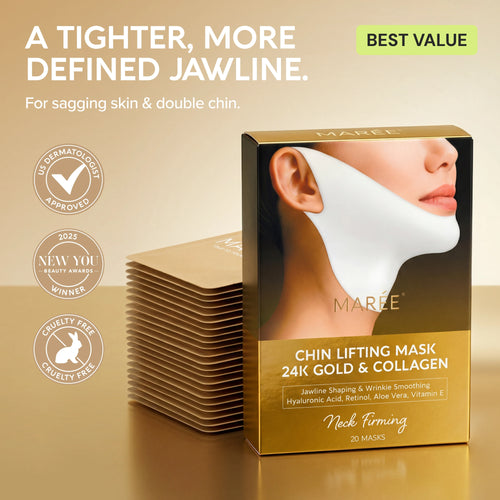 Set of 20 Maree 24K Gold V-Line Lifting Masks, thin gold facial masks for V-line contouring and skin lifting.