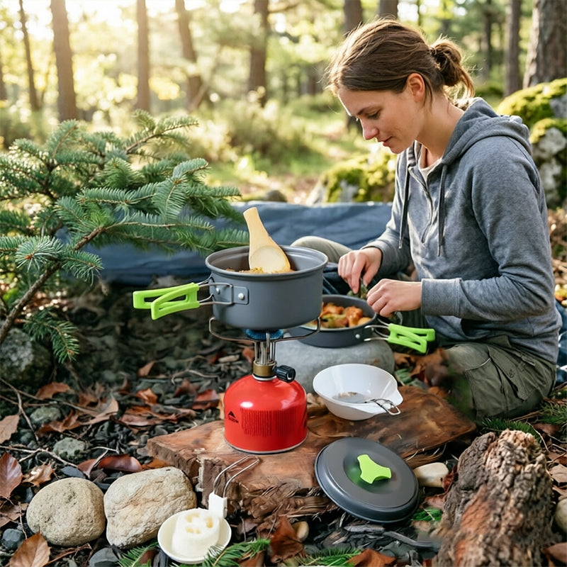 Eprolo backpacking camping cookware set with portable tableware, lightweight, durable, foldable storage bag for outdoor cooking.