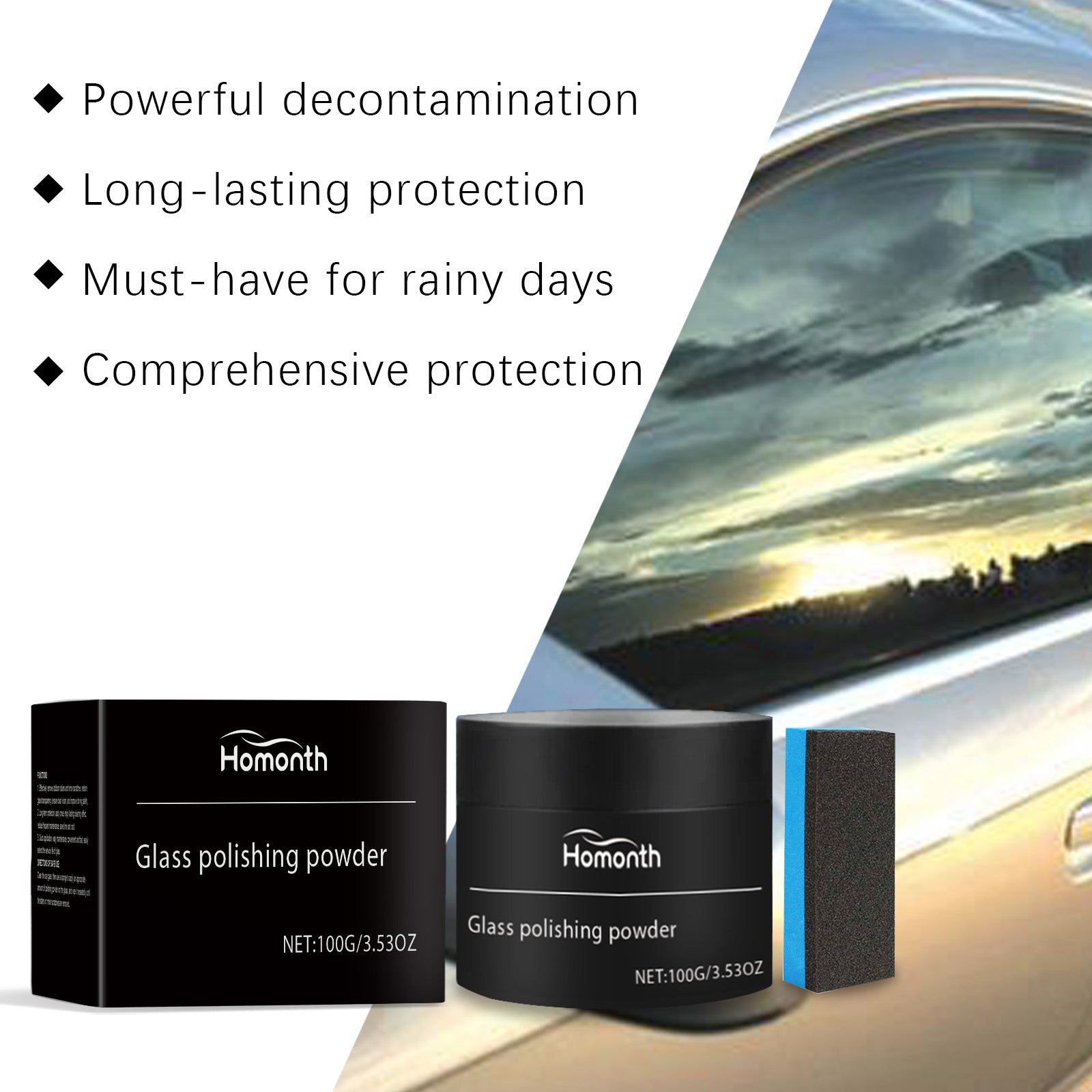 Eprolo car glass polishing powder for window cleaning, decontamination, waterproofing, and rain-resistant glass cleaning.