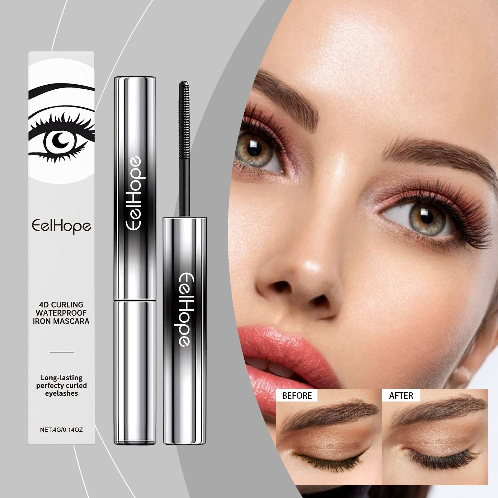 Eelhope 4D curling mascara by eprolo with natural, thin, volumizing, waterproof, and sweat-resistant formula, shown in the image.
