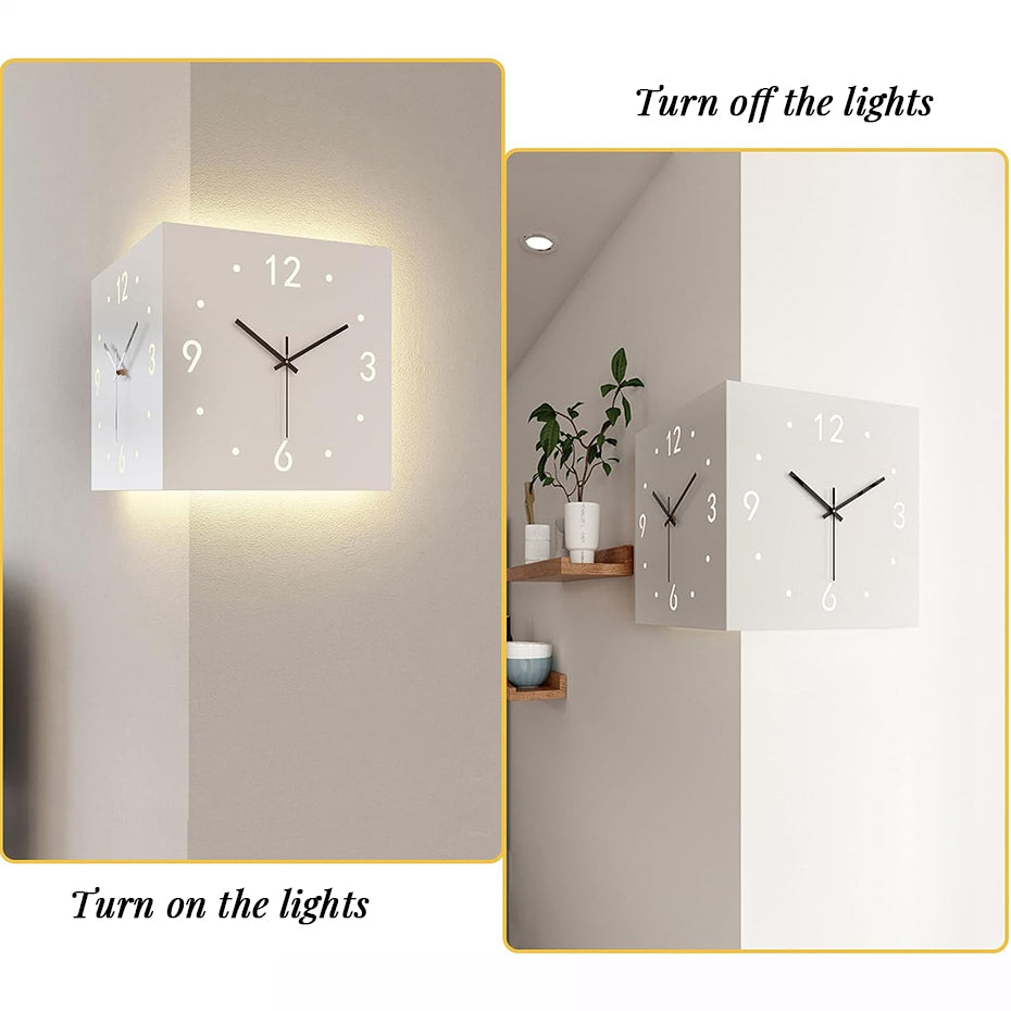 Nordic dual-glow corner clock by eprolo, modern minimalist LED wall clock for living room or bedroom decor.