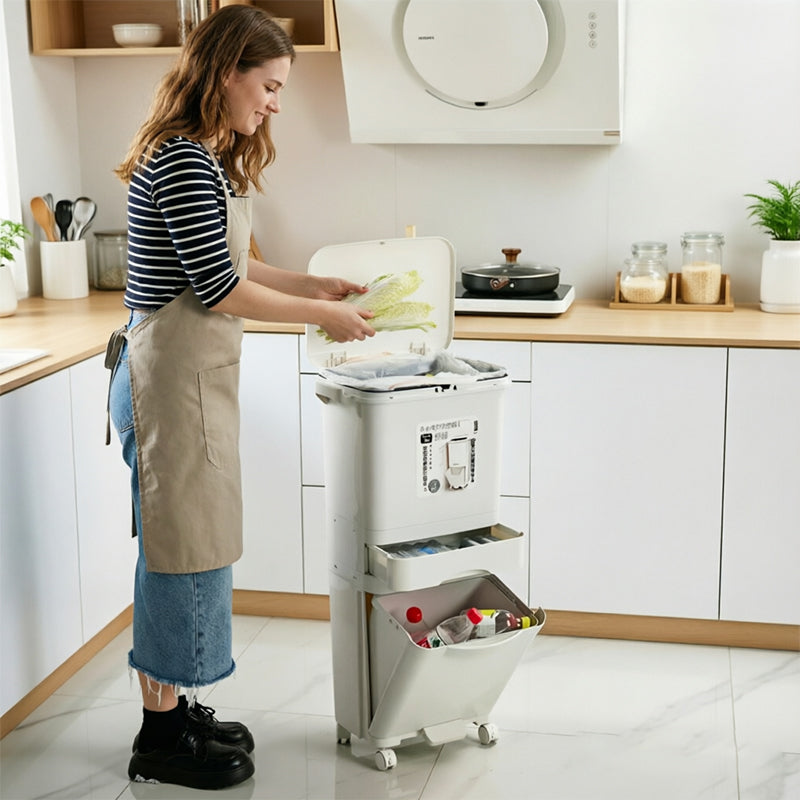 Eprolo 42L kitchen trash can with 3 compartments, pedal, and wheels for recycling and waste separation.