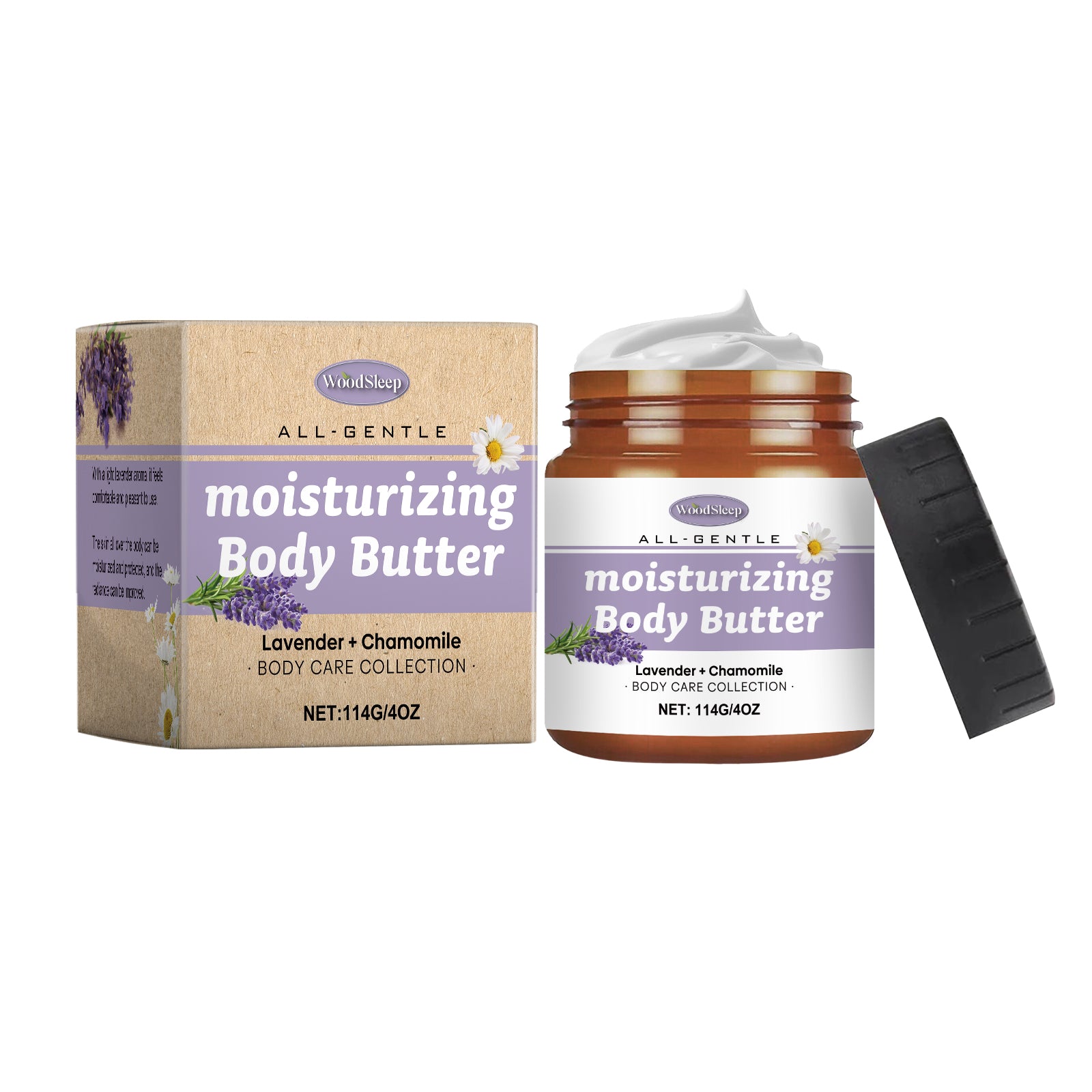 Eprolo WoodSleep lavender and chamomile body butter moisturizer with creamy texture, designed to deeply hydrate and nourish skin.