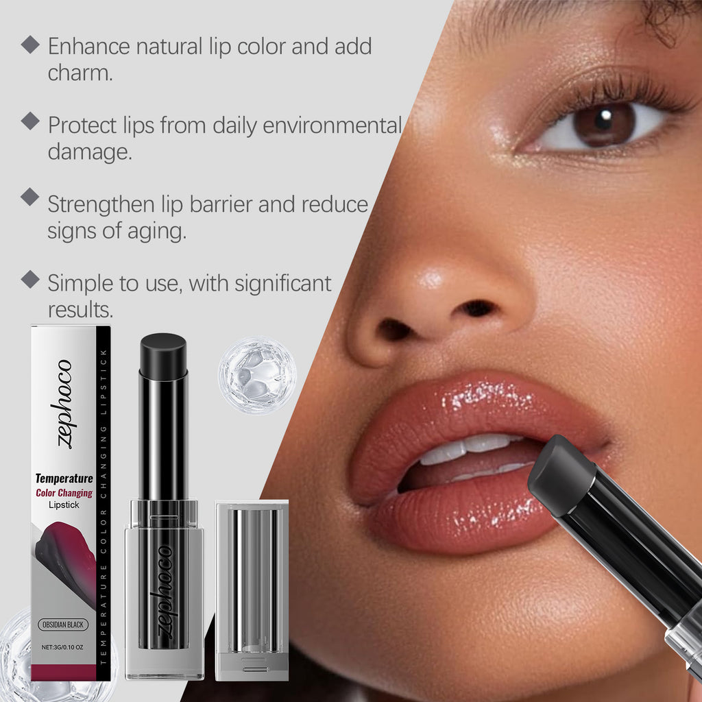 Zephoco Obsidian Warming Lip Balm by eprolo, showing the balm tube and tender lips for moisturizing and reducing lip lines.