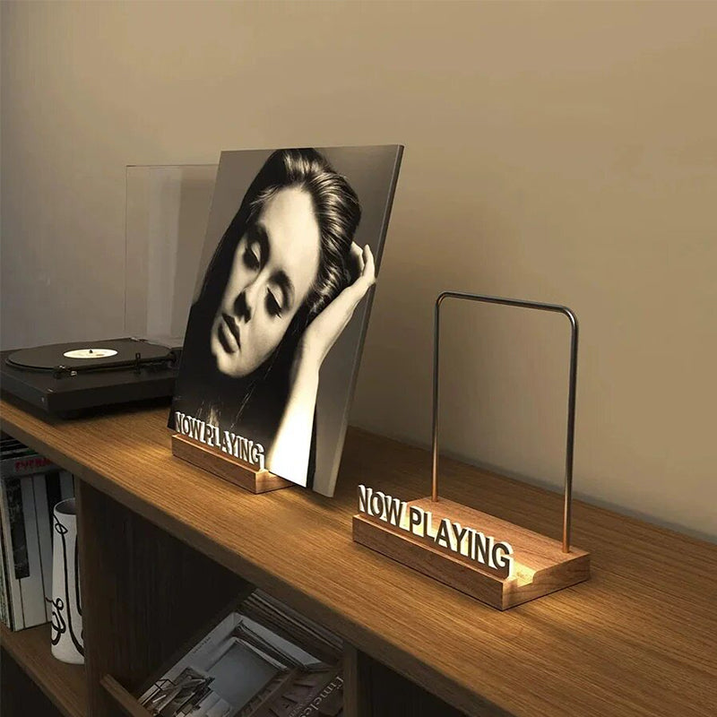Wooden vinyl record stand by eprolo, desktop album display and CD rack for home, cafe, or office decor, showcasing records and CDs.