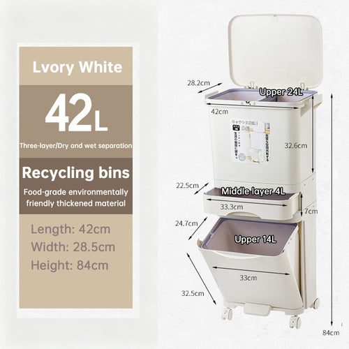 eprolo 42L kitchen trash can with 3 compartments, pedal, and wheels, designed for recycling and waste separation.