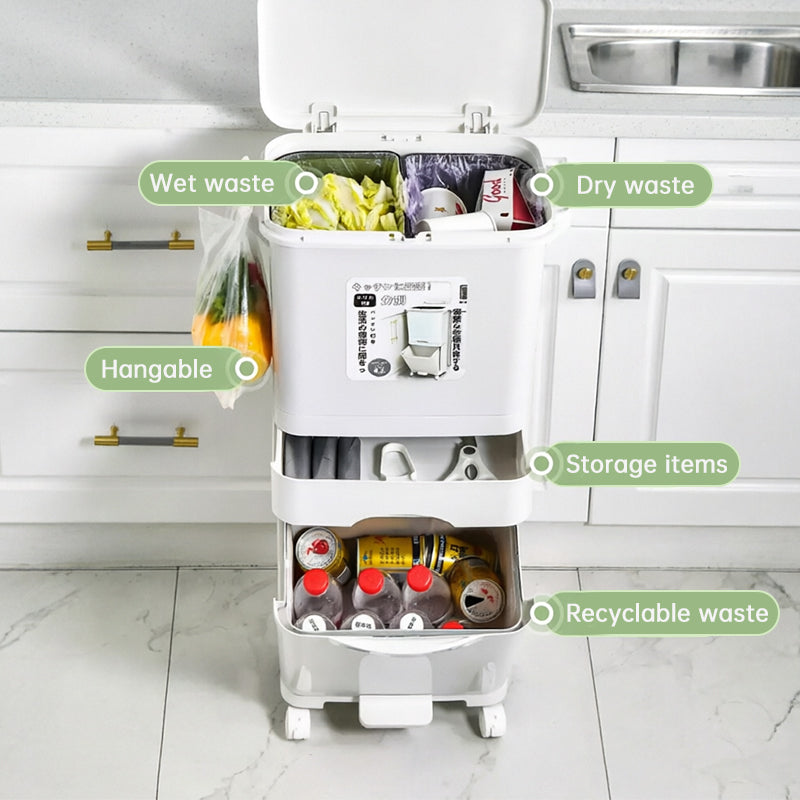eprolo 42L kitchen trash can with three compartments, pedal operation, and wheels for easy recycling and waste separation.
