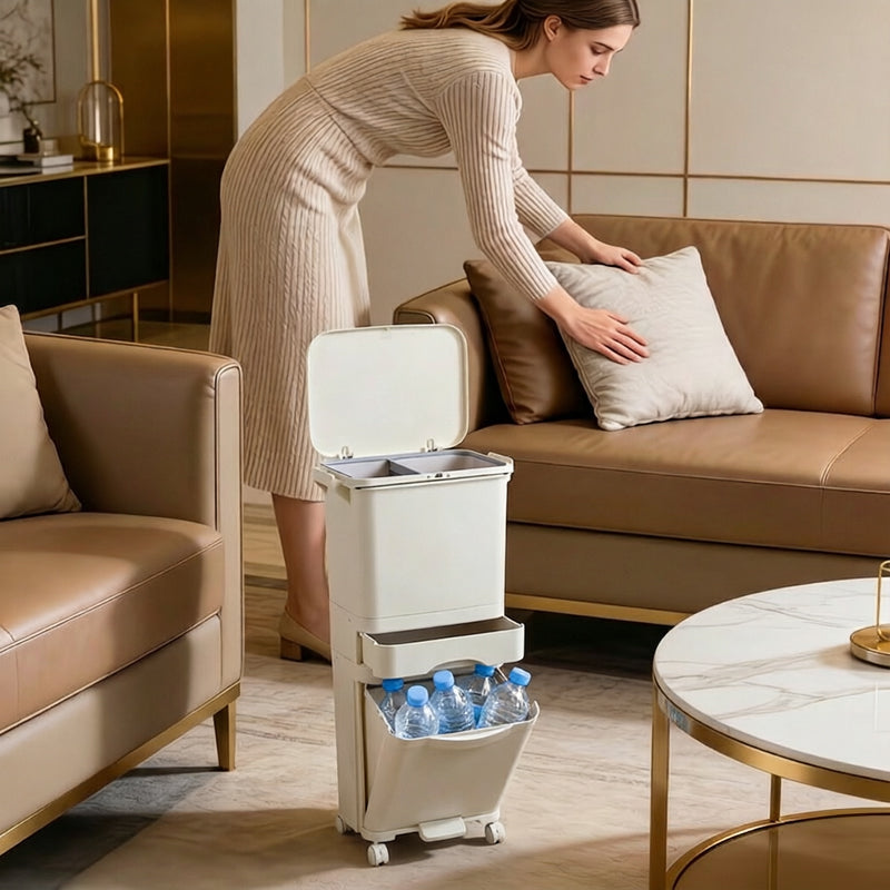Eprolo 42L kitchen trash can with three compartments, pedal operation, and wheels for recycling and waste separation.