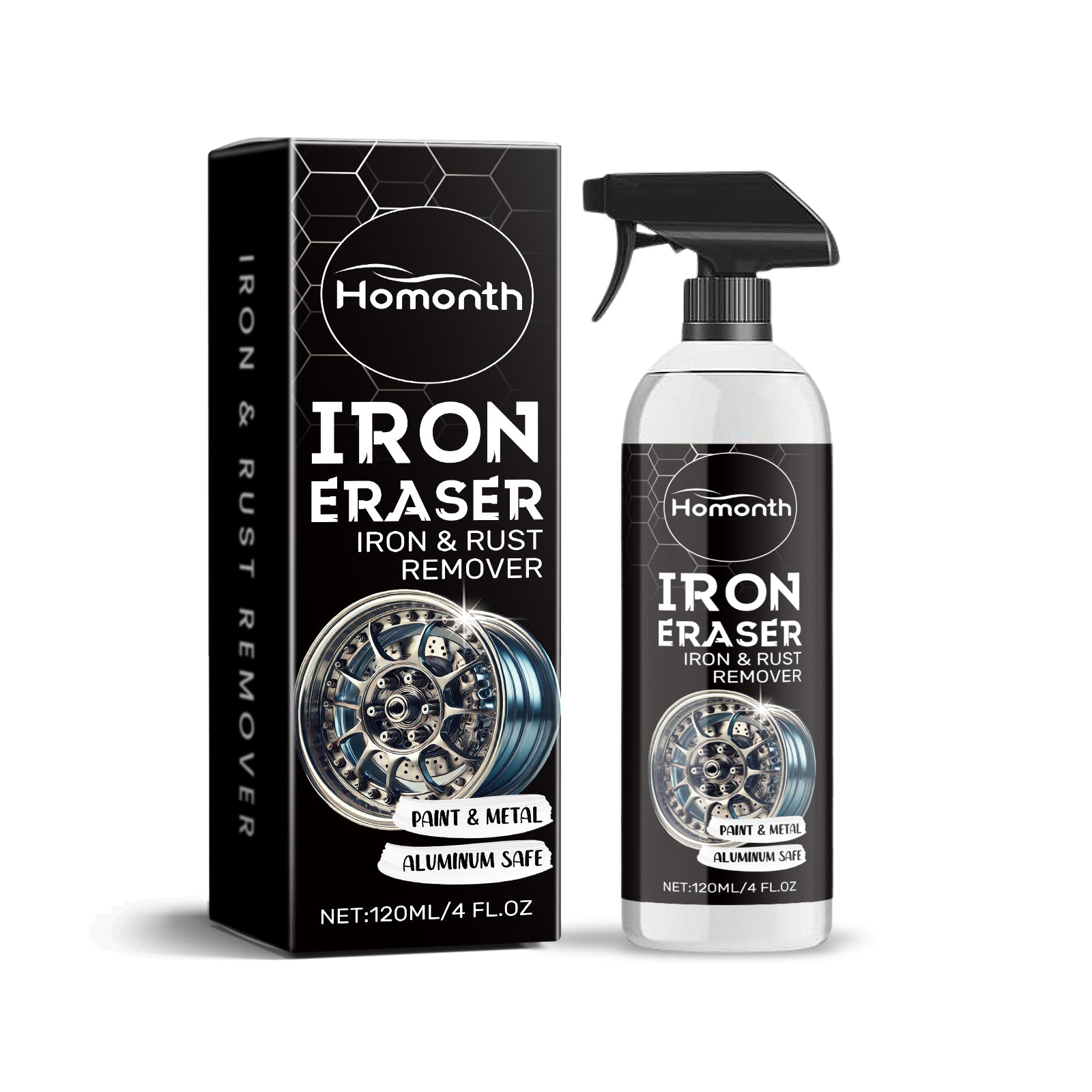 eprolo car rust cleaning agent for decontamination and scaling, shown in the image with a spray bottle and rust removal application