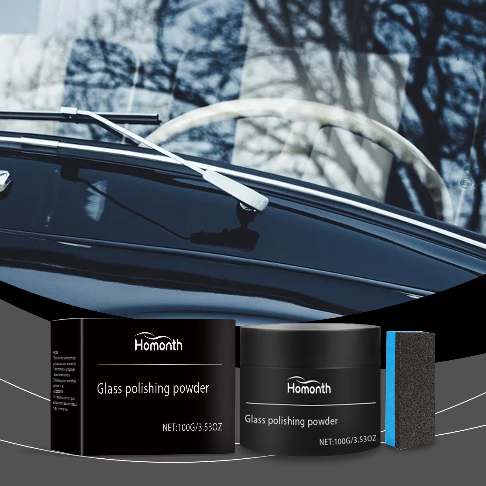 Eprolo car glass polishing powder for window cleaning, decontamination, waterproofing, and rain resistance on vehicle glass.