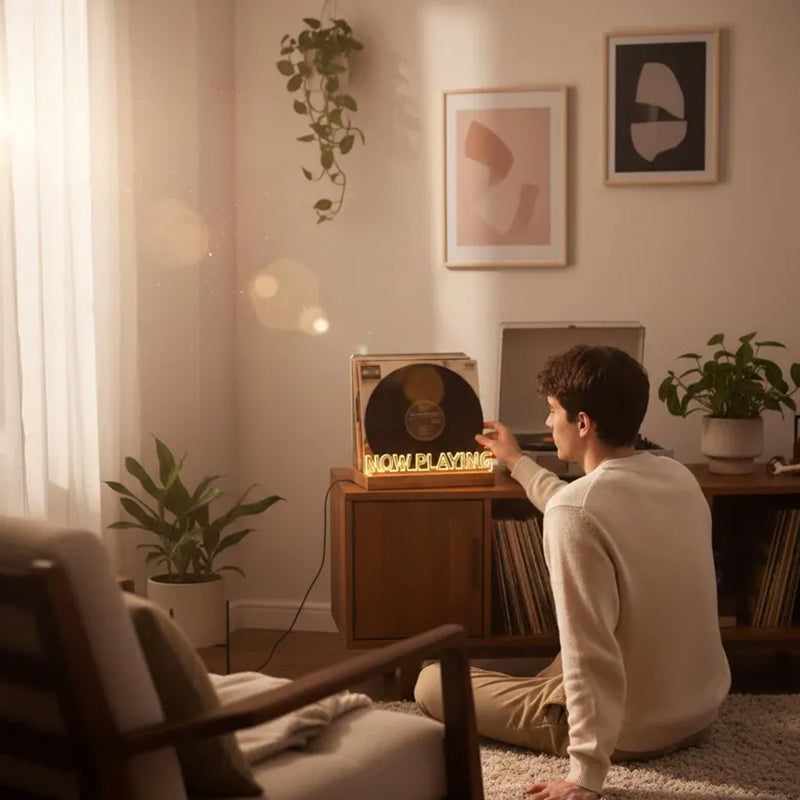 Wooden vinyl record stand by eprolo, desktop album display and CD rack, ideal for home, cafe, or office decor.