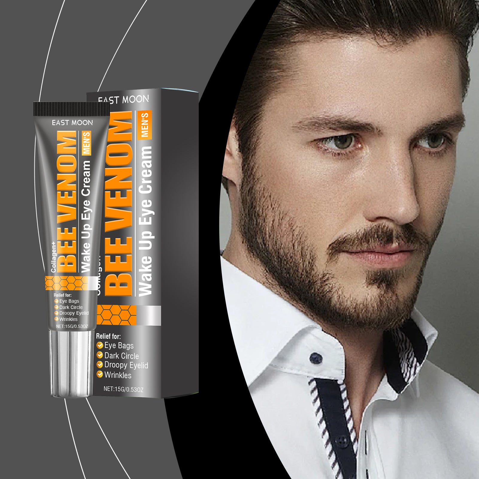 Eprolo East Moon men's firming eye cream with moisturizing formula for hydrating and elastic skin around the eyes.