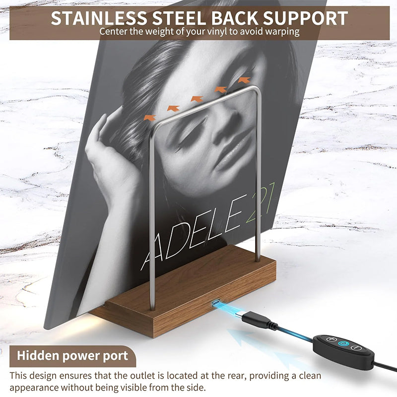Eprolo wooden vinyl record stand displaying albums and CDs on a desktop, ideal for home, cafe, or office decor.