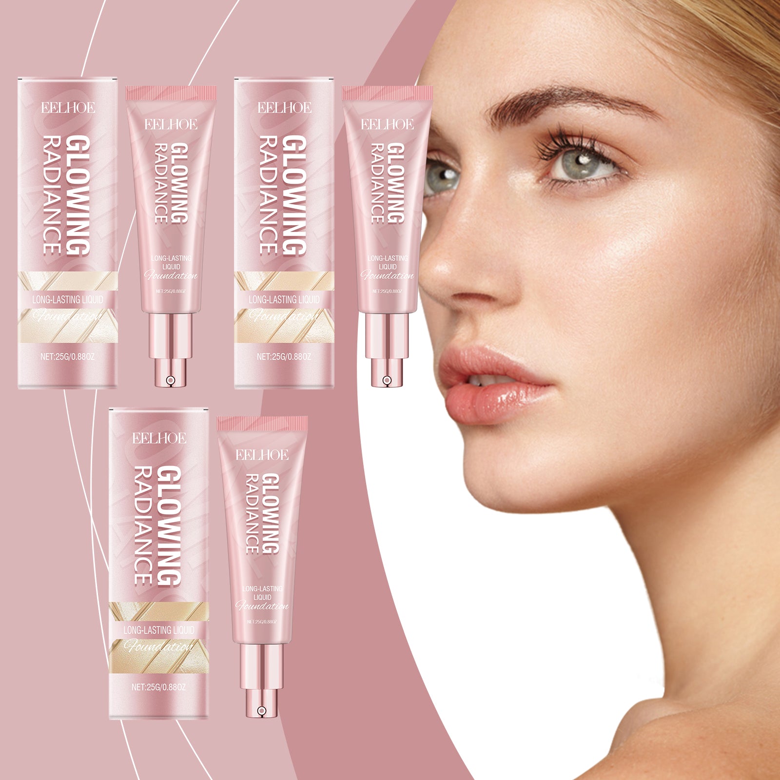 EELHOE lightweight liquid foundation by eprolo with vitamin E and oil control formula, showing smooth beige liquid in a bottle