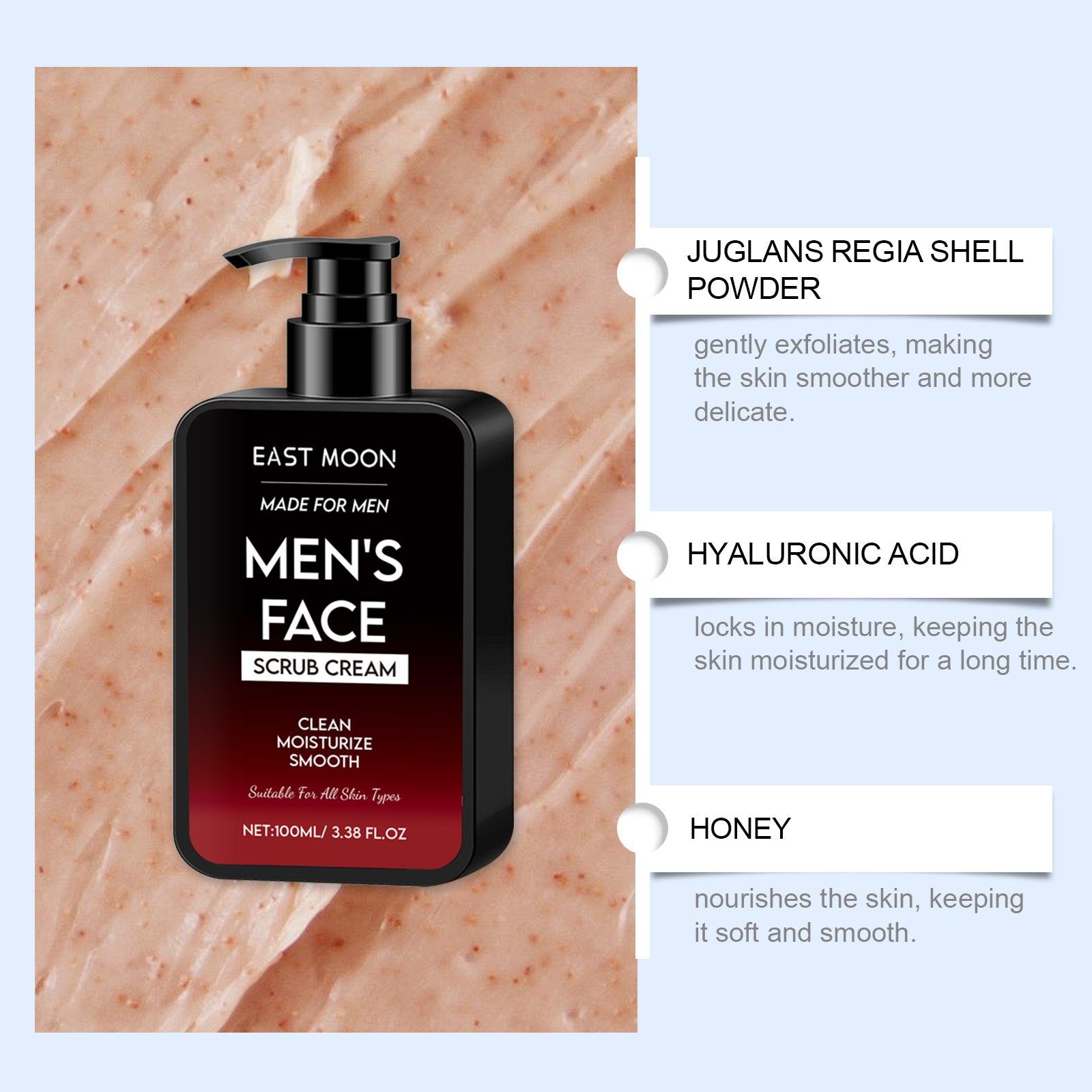 East Moon men's oil control scrub by eprolo, showing the clear, textured facial scrub with natural ingredients for gentle cleansing.