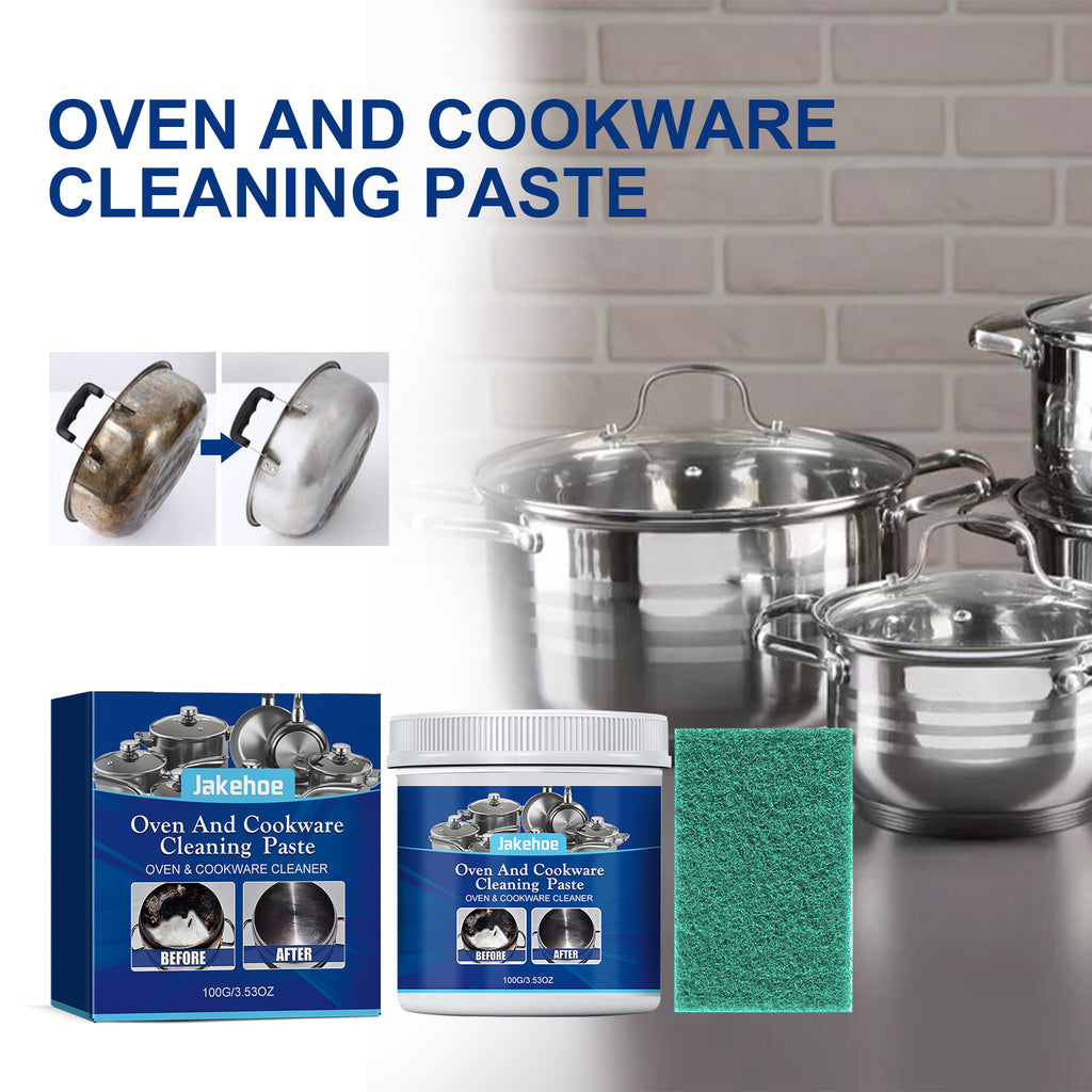 Eprolo stainless steel cleaning cream for kitchen appliances, range hoods, and heavy oil and rust removal, showing the cream and cleaning process.