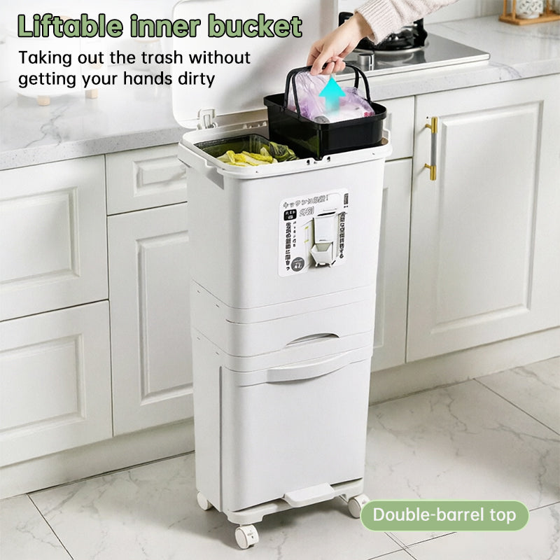 eprolo 42L kitchen trash can with 3 compartments, pedal operation, and wheels for recycling and waste separation.