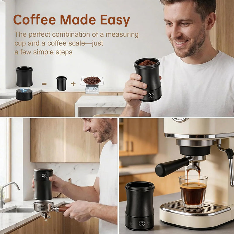 Eprolo lightweight digital coffee dosing cup with rechargeable LED display, designed for precise espresso weighing.