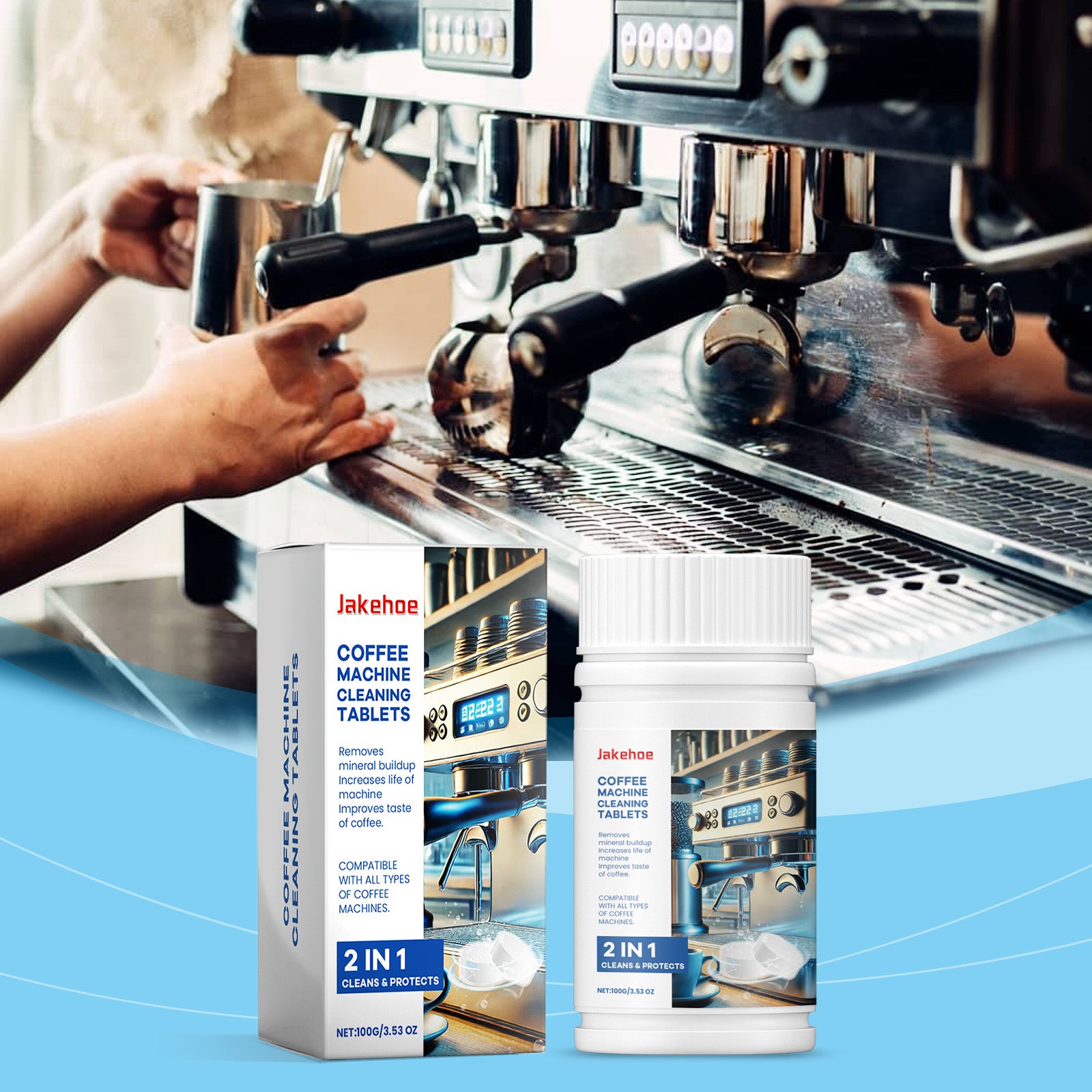 Eprolo coffee machine cleaning sheet for stain and scale removal, shown on a coffee machine in the image.