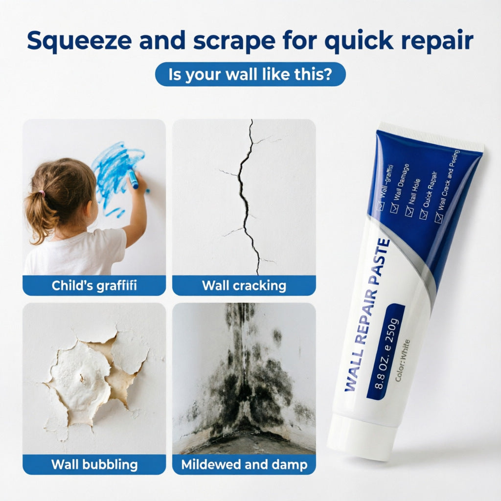 Eprolo quick wall repair paste for white walls, showing a tube of repair compound ready for patching wall cracks and holes.