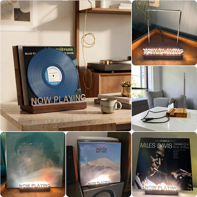 Wooden vinyl record stand by eprolo displaying albums on a desktop, ideal for home, cafe, or office decor.