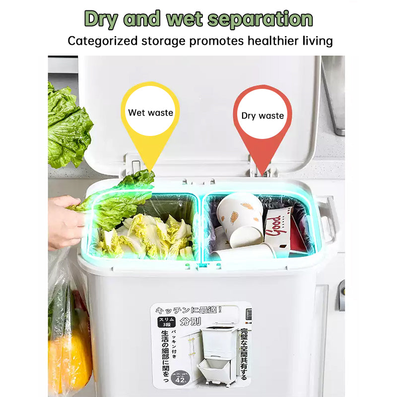 eprolo 42L kitchen trash can with 3 compartments, pedal, and wheels for recycling and waste separation.
