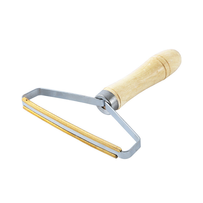 eprolo wooden handle lint remover with double-sided hair removal tool for clothes, showing the wooden grip and metal surface.