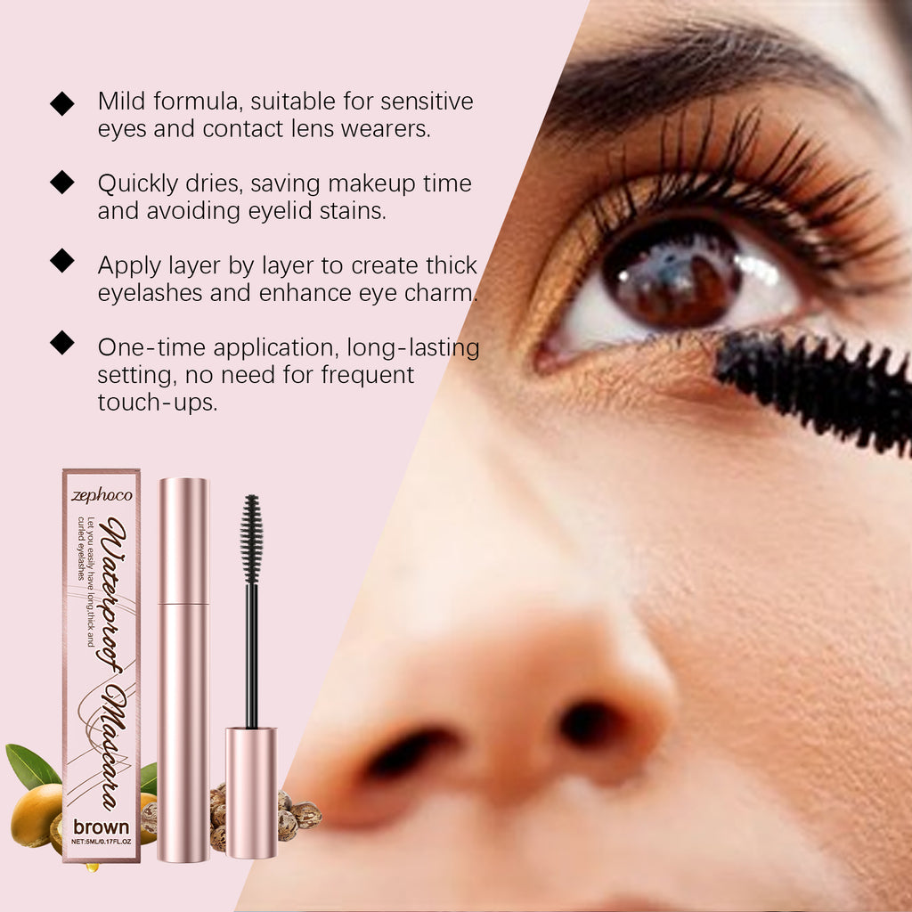 Eprolo Zephoco Brown Curl Mascara with natural moisturizing formula, showcasing curled lashes and defined eye makeup.