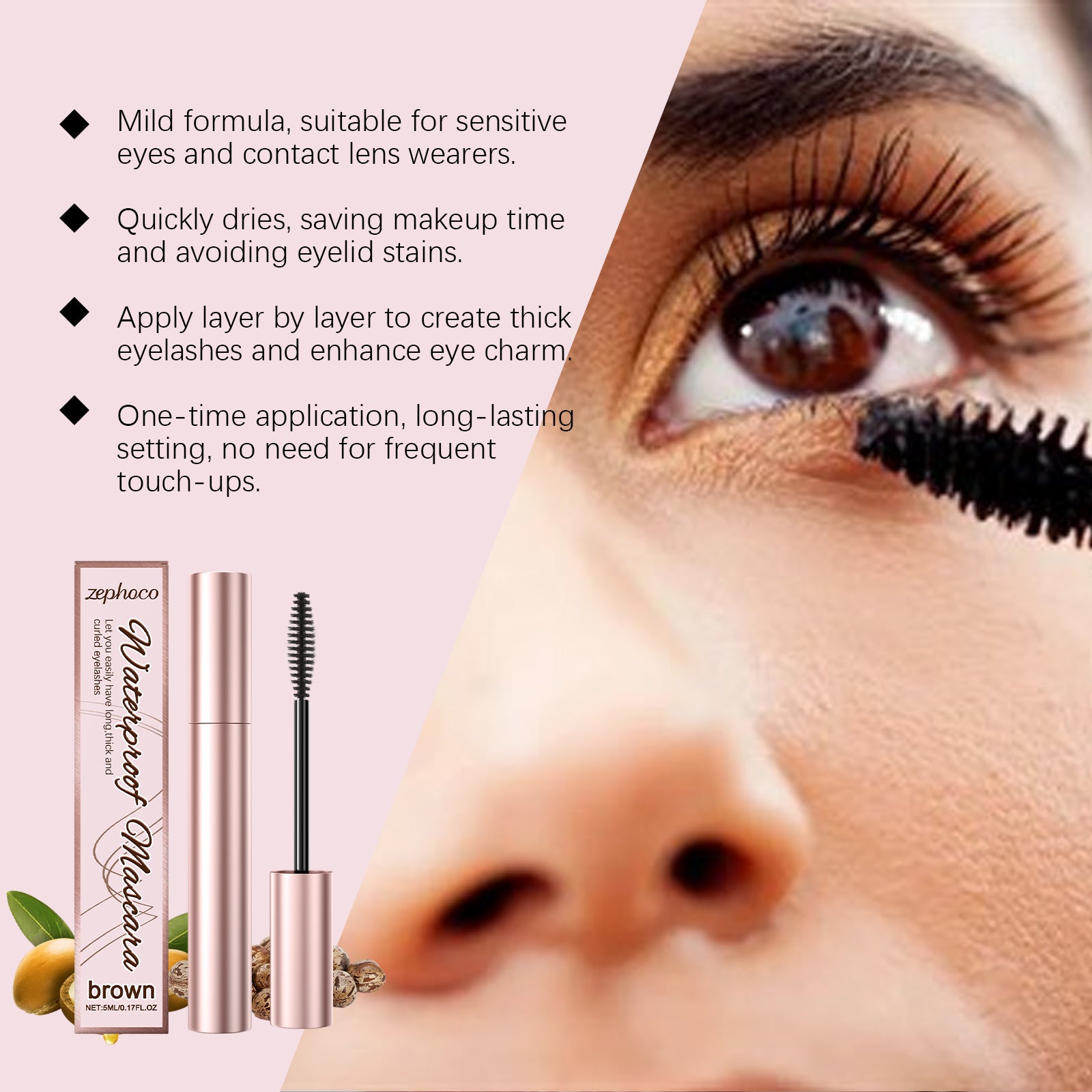Eprolo Zephoco Brown Curl Mascara with natural moisturizing formula, showcasing curled lashes and defined eye makeup.