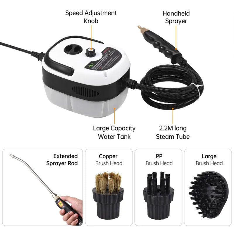 Eprolo portable AC steam cleaner with nozzle and water chamber, used for kitchen grease, range hoods, glass, and home appliance disinfection