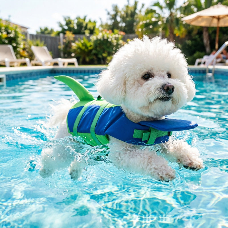 Eprolo dog life jacket with tail design, adjustable pet swim vest, flotation safety rescue vest with grab handle for water safety.