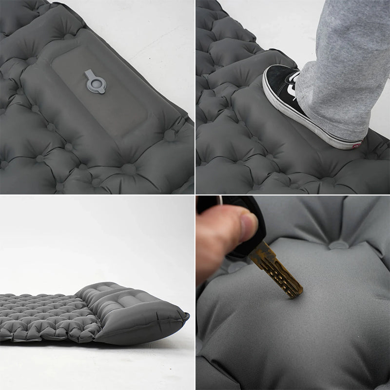 eprolo ultralight inflatable sleeping pad with pillow, 1-2 person camping mattress, shown rolled out for outdoor sleeping comfort