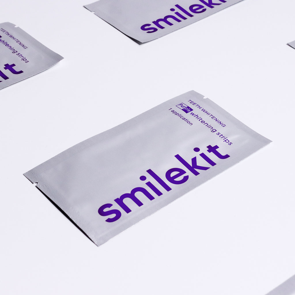 eprolo V34 purple teeth whitening strips in small purple box, dental whitening product for brighter smile