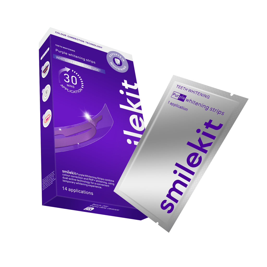 eprolo V34 purple teeth whitening strips in small purple box, dental whitening product for brighter smile