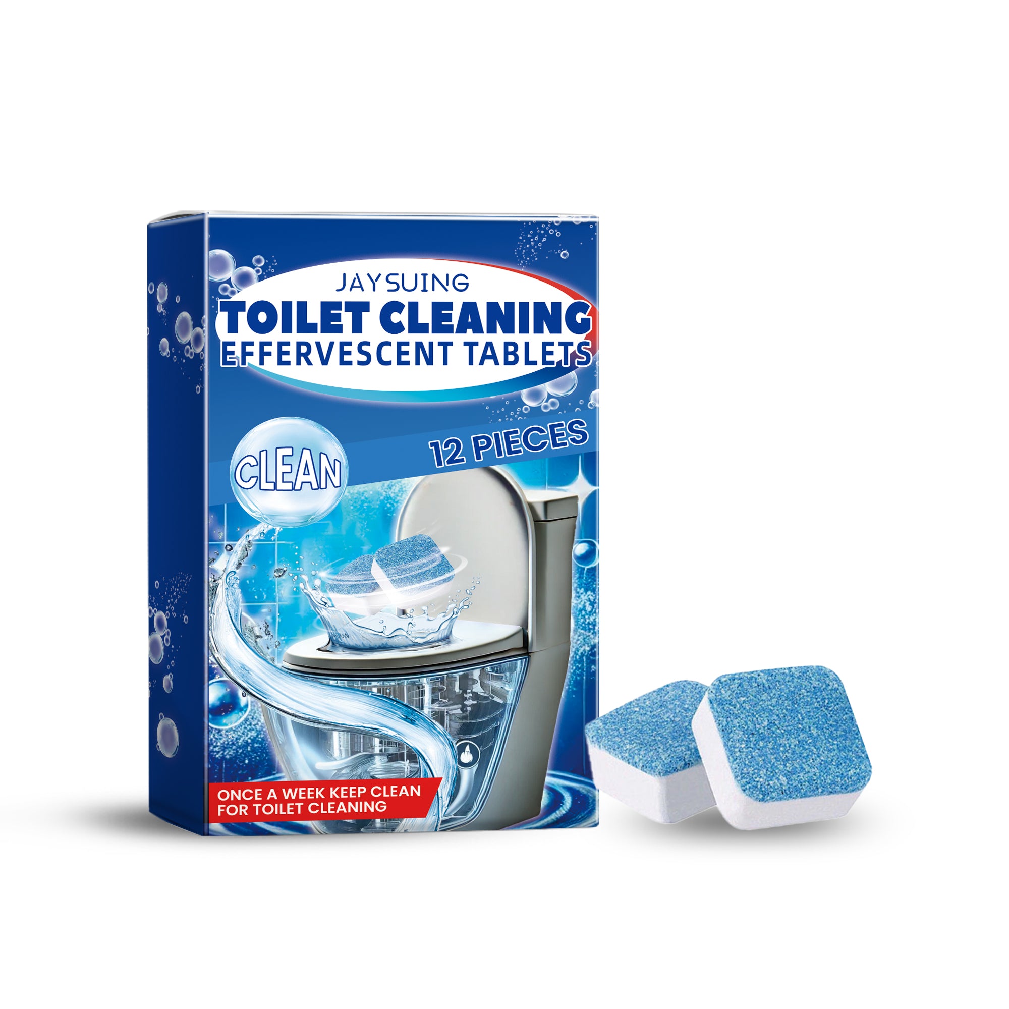eprolo toilet cleaning tablets with fresh fragrance for dirt and odor removal, shown dissolving in toilet bowl.