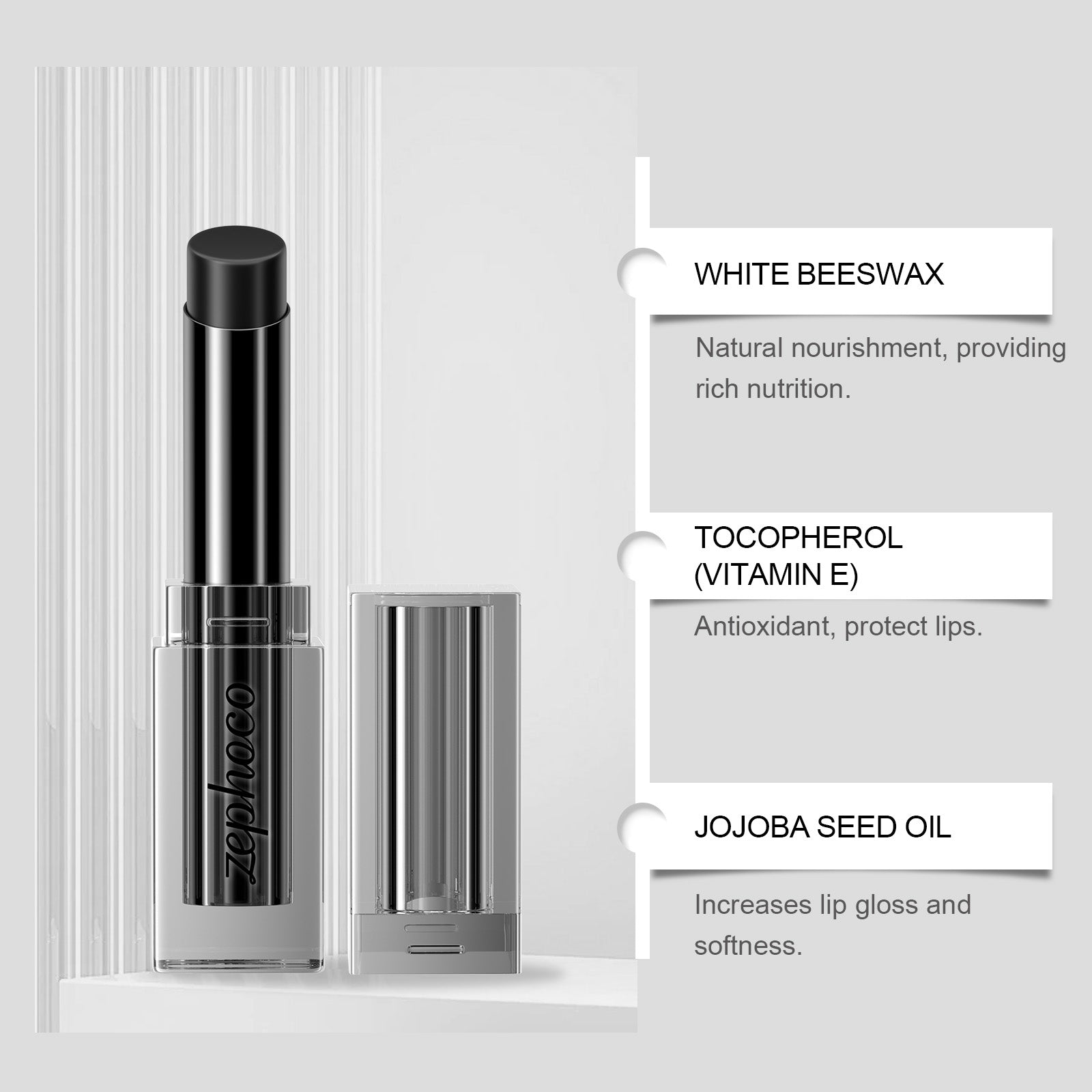 Zephoco Obsidian Warming Lip Balm by eprolo, showing the balm tube and a close-up of tender, moisturized lips.