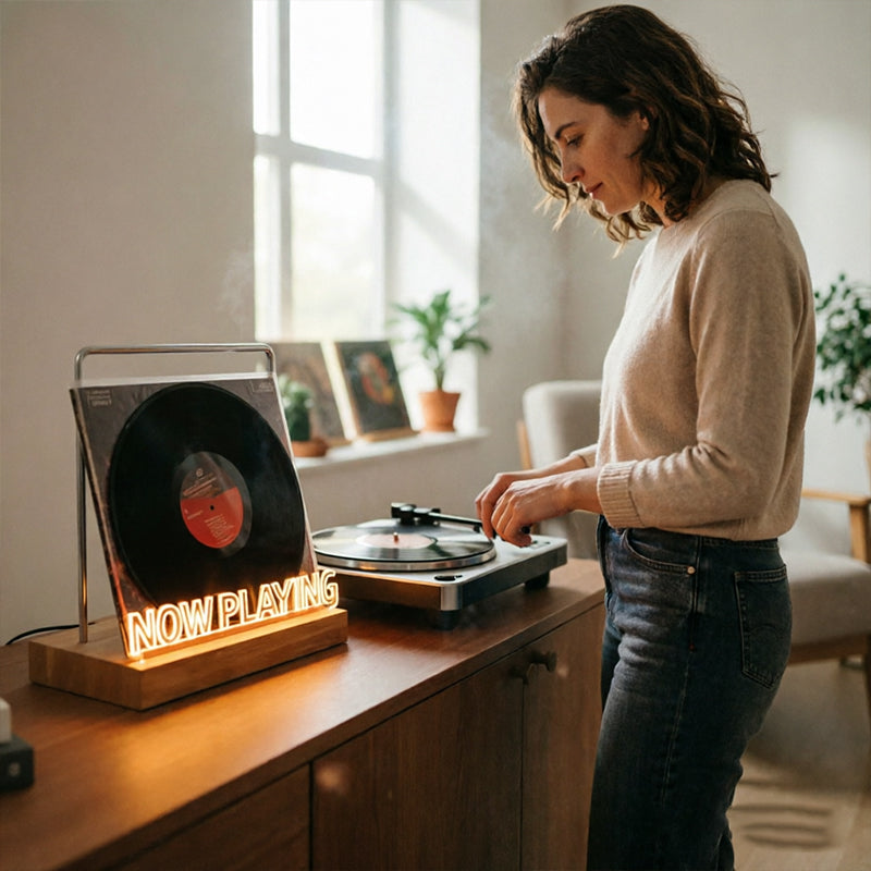 Wooden vinyl record stand by eprolo, desktop album display and CD rack for home, cafe, or office decor.