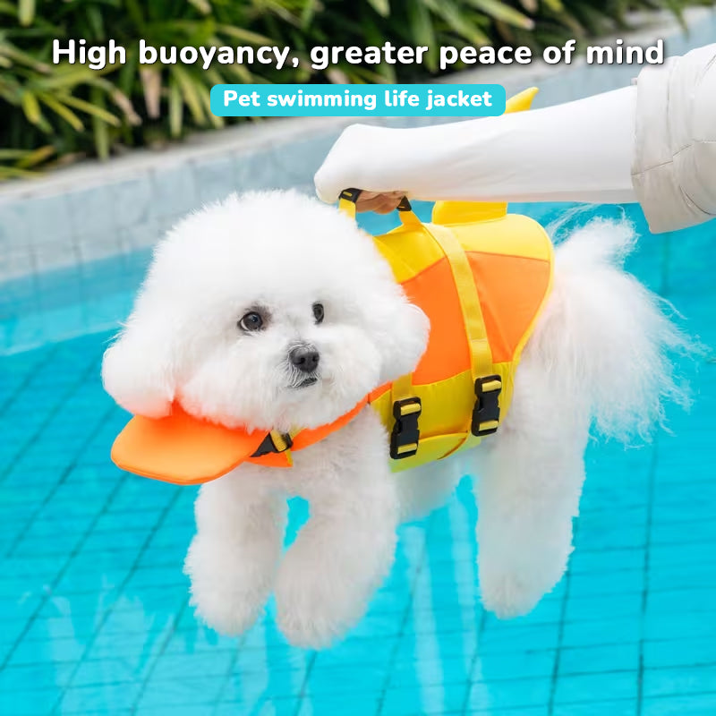 Eprolo dog life jacket with adjustable straps, tail design, grab handle, suitable for swimming and water safety.