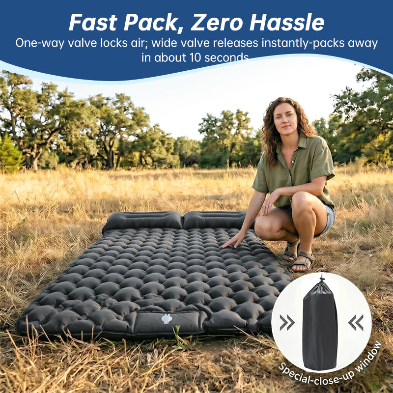 Eprolo ultralight inflatable sleeping pad with pillow, 1-2 person camping mattress, lightweight and comfortable for outdoor sleeping.