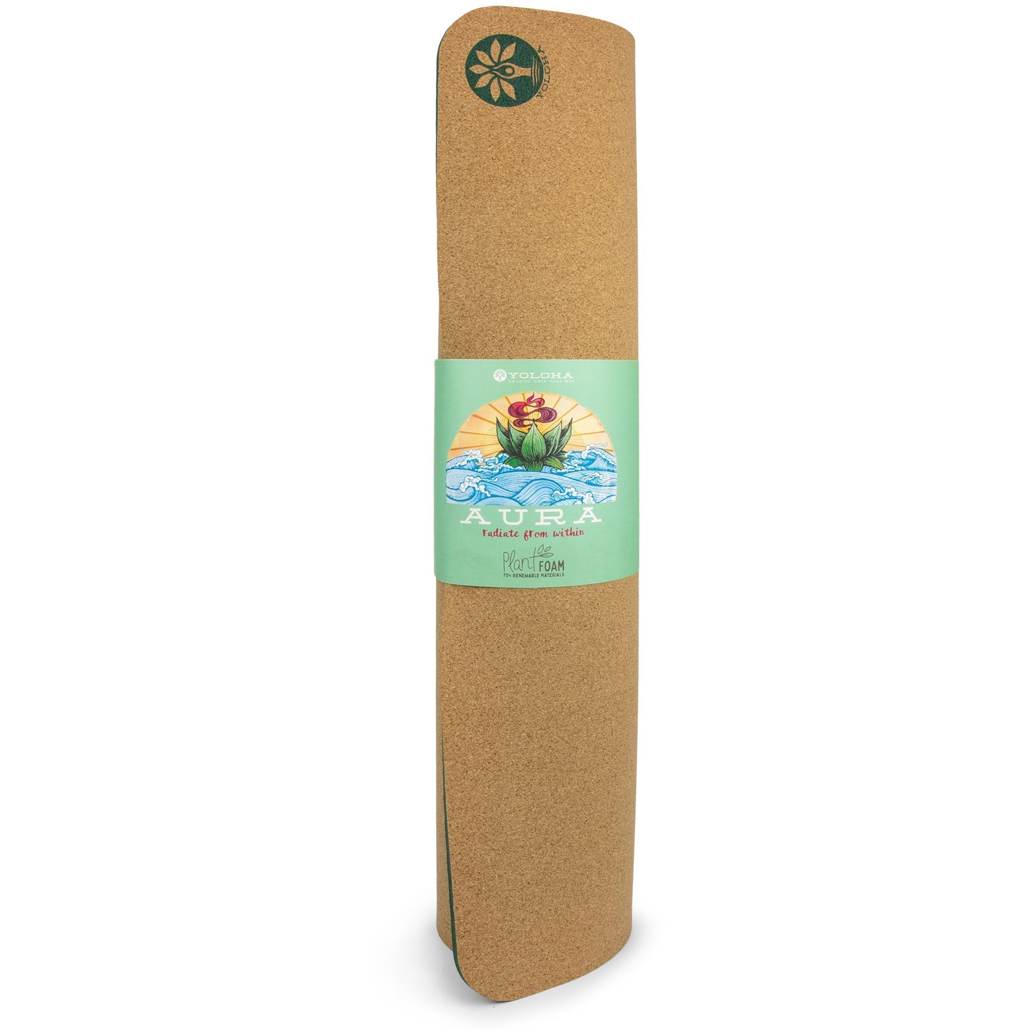 Rolled Yoloha Yoga Infinite Bloom Aura Cork Yoga Mat with textured surface for yoga and Pilates practice.